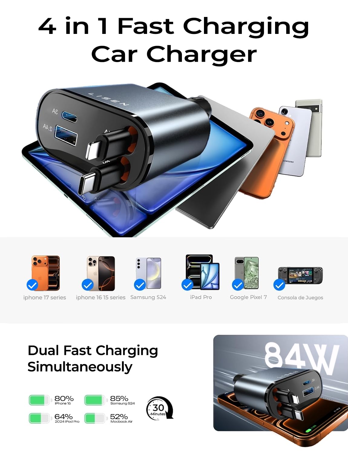 LISEN Retractable Car Charger, 84W Car Charger USB C Fast Charger, Cigarette Lighter USB Charger Adapter, Car Accessories Birthday Gifts for Men Women Dad Mom Husband, for iPhone 17 16 15 14 13 12 11