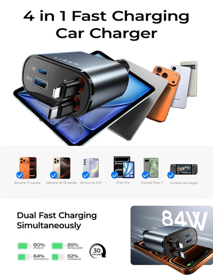 LISEN Retractable Car Charger, 84W Car Charger USB C Fast Charger, Cigarette Lighter USB Charger Adapter, Car Accessories Birthday Gifts for Men Women Dad Mom Husband, for iPhone 17 16 15 14 13 12 11