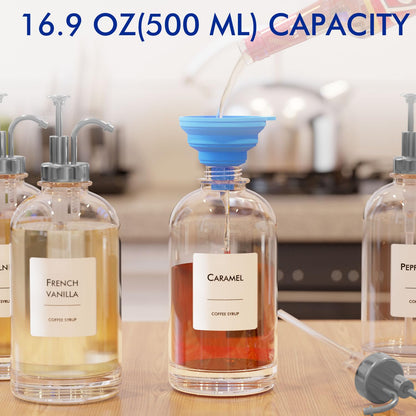 16.9 oz (500 ml) Coffee Syrup Dispenser Set- 4 Glass Bottles with Gold Pumper and Syrup Labels - Precise Dispensing and Stylish Addition to Coffee Shop, Cafe or Home Bar