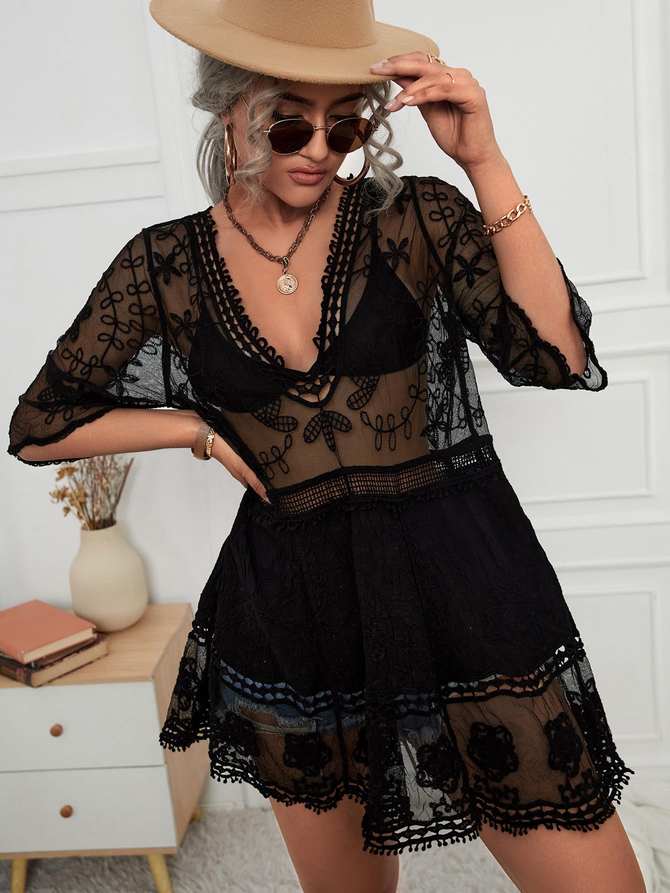 Eomenie Women's Contrast Lace Bathing Suit Cover Up V-Neck Swimsuit Coverups Loose Swimwear Beach Dress Beachwear