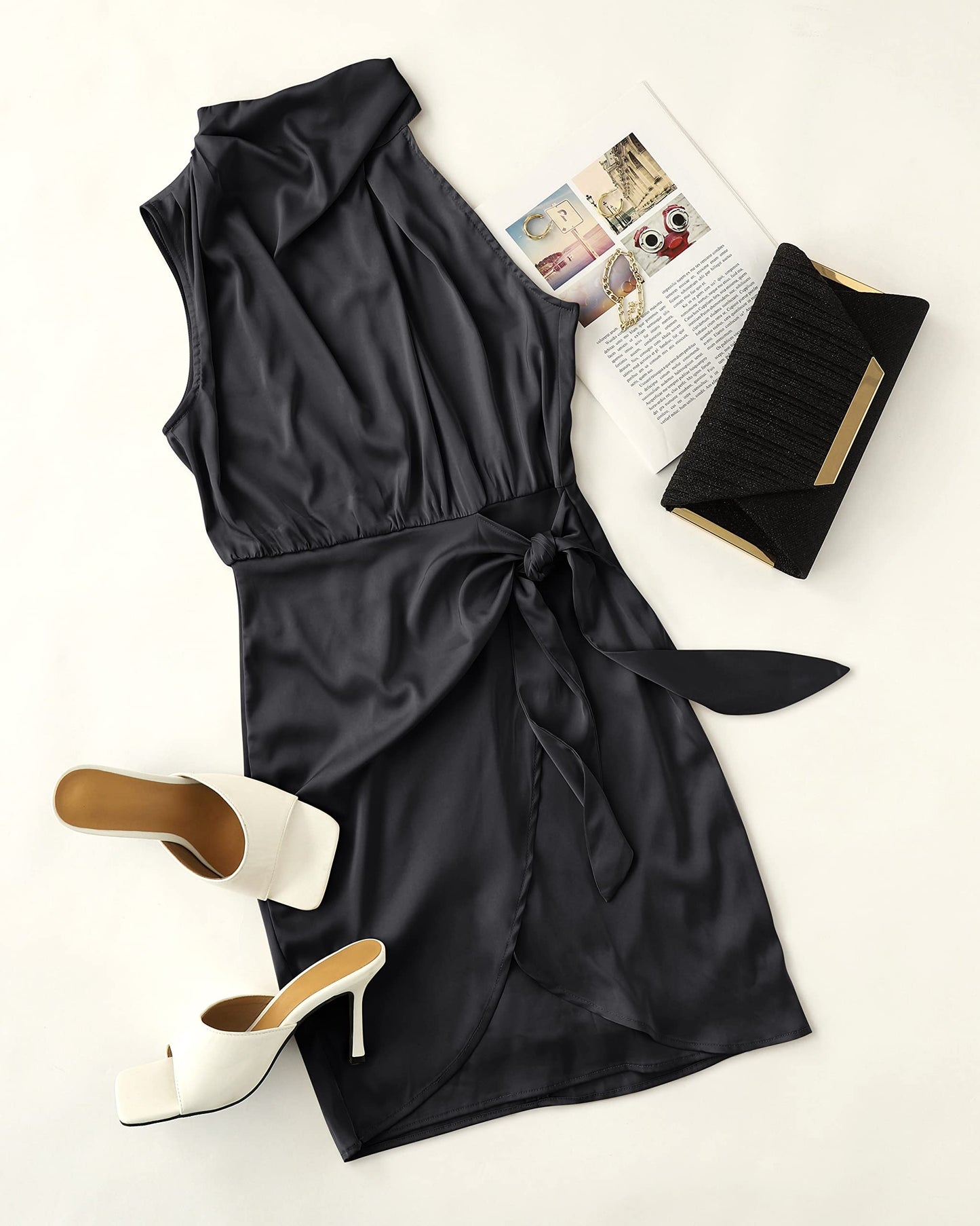 ZESICA Women's Satin Sleeveless Halter Tie Waist Wrap Bodycon Mini Dress | 2026 Summer Fashion Short Dresses, Silky High Waist Dress, Above Knee Length, Sexy Cocktail Party Club Outfits
