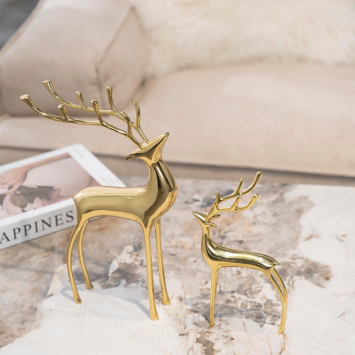 Reindeer Figurine Statues Deluxe Set of 2, Christmas Deer Pure Copper Heavy Reindeer Ornaments for Home Decor Accents Living Room Office Bookself Tabletop Mantle Christmas Decoration, Gold