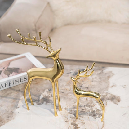 Reindeer Figurine Statues Deluxe Set of 2, Christmas Deer Pure Copper Heavy Reindeer Ornaments for Home Decor Accents Living Room Office Bookself Tabletop Mantle Christmas Decoration, Gold