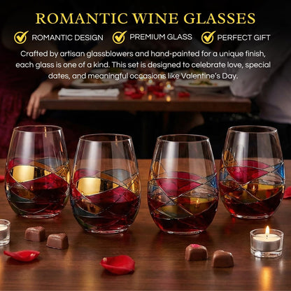 Artisanal Hand Painted Stemless Wine Glasses - Everyday Celebrations, Gift Idea for Wife, Mom, Valentine, Holiday Renaissance Romantic Stain-glassed Windows, 2 Set - Gift Idea Birthday, Housewarming