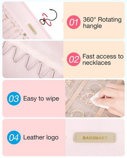 BAGSMART Hanging Jewelry Organizer Storage Roll with Hanger Metal Hooks Double-Sided Jewelry Holder for Earrings, Necklaces, Rings on Closet, Wall, Door, 1 piece, Medium, Pink