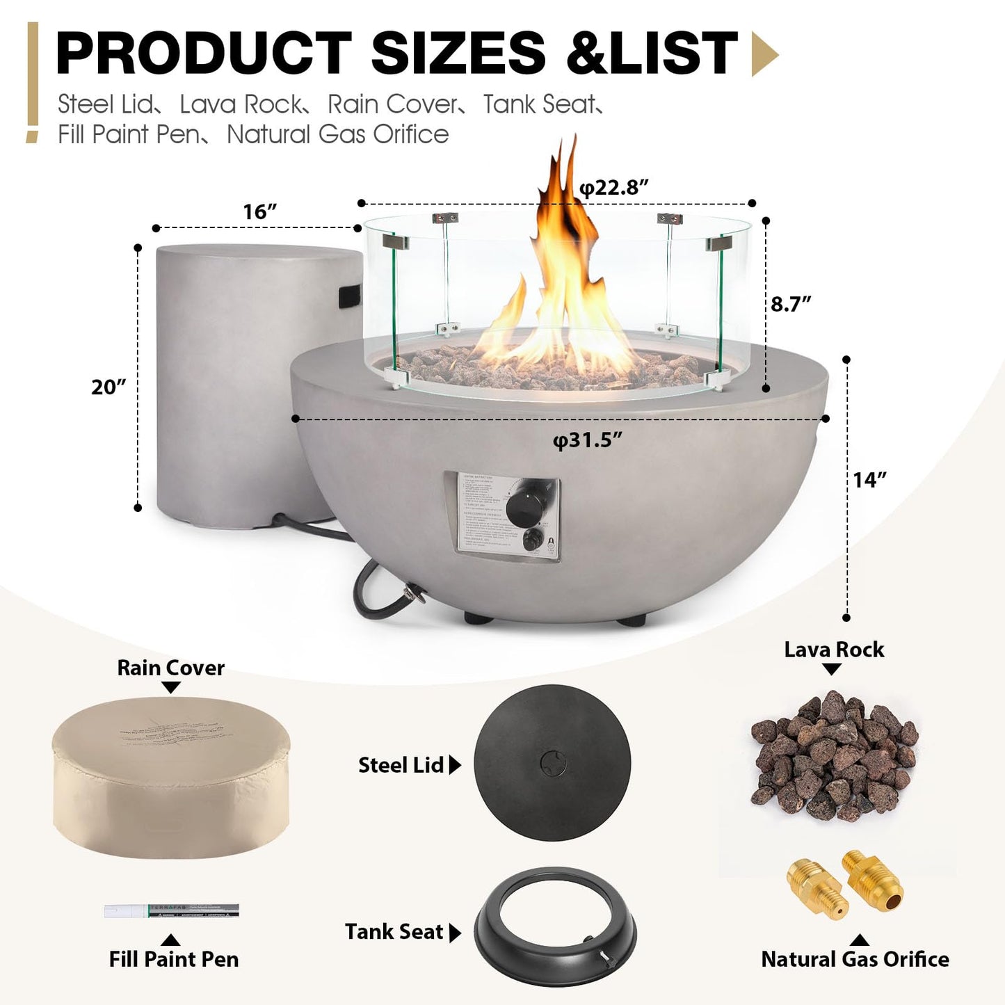 31.5 Inch Round Propane Fire Pit Table - Concrete Round Fire Bowl 50,000 BTU Natural Gas Firepit Burner with Steel Lid, Lava Rocks, Waterproof Cover for Outside Patio, Backyard, Party
