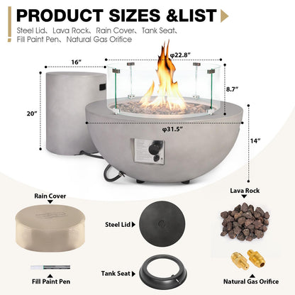31.5 Inch Round Propane Fire Pit Table - Concrete Round Fire Bowl 50,000 BTU Natural Gas Firepit Burner with Steel Lid, Lava Rocks, Waterproof Cover for Outside Patio, Backyard, Party