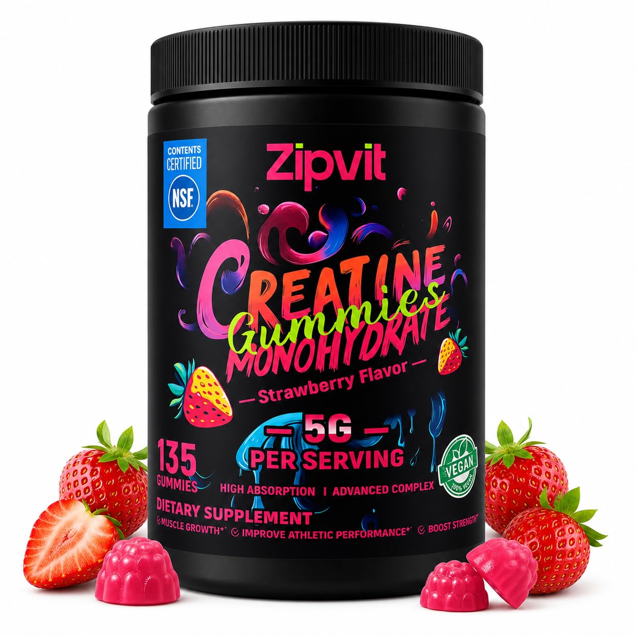Creatine Monohydrate Gummies, NSF Certified Creatine Gummy, 5g Dose for Men & Women to Support Muscle, Strength, Recovery, Cognitive Health & Memory, Pineapple Flavor, 135 Gummies