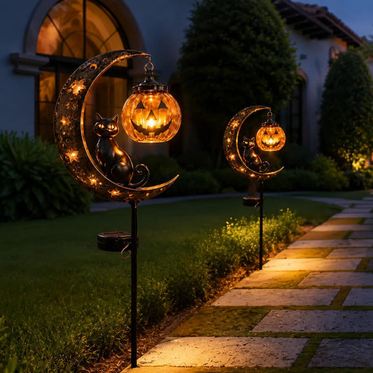 Solar Halloween Black Cat & Pumpkin Moon Garden Stake Light, Waterproof Solar Black Cat on Crescent Moon with Hanging Pumpkin Lantern, Outdoor Halloween Yard Decor for Garden, Patio, Lawn, Pathway