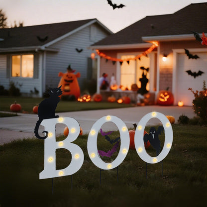 Prsildan 3 Pack Halloween Decorations Outdoor Solar Lighted Boo Yard Sign | Waterproof Metal Lawn Stakes, Solar-Powered, Bats, Cat & Ghost, For Front Yard, Porch, Garden, Spooky Halloween Party Decor
