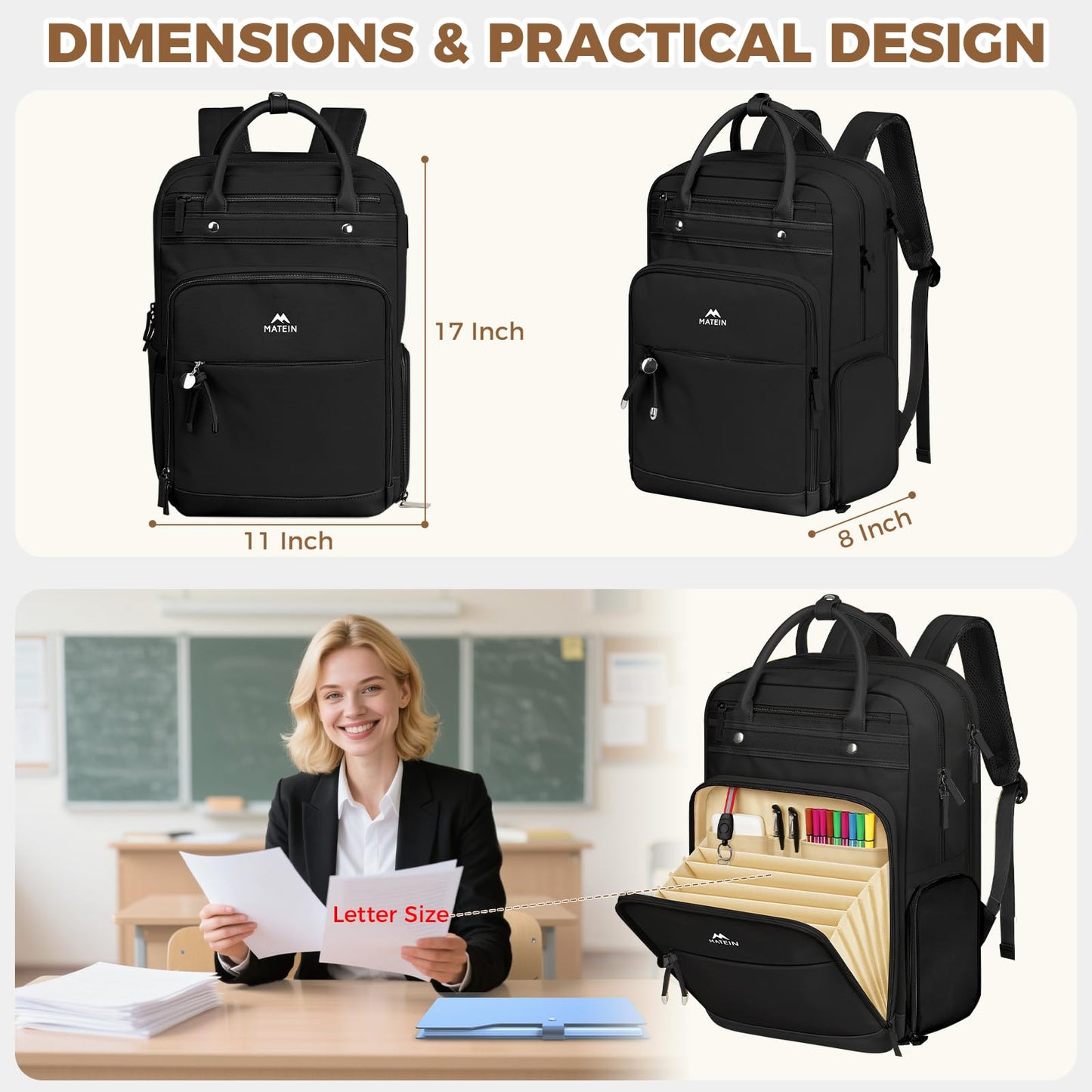 MATEIN Teacher Backpack with Lunch Compartment, 15.6 Inch Laptop Backpack | Detachable, with Organized Pocket, Commute Office College, Computer Backpacks for Men Women, Meal Prep Bag, Gift for Nurse