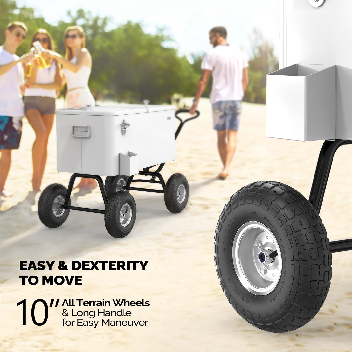 VINGLI 80 Quart Wagon Rolling Cooler Ice Chest, w/Long Handle and 10" Wheels, Portable Beach Patio Party Bar Cold Drink Beverage, Outdoor Park Cart on Wheels