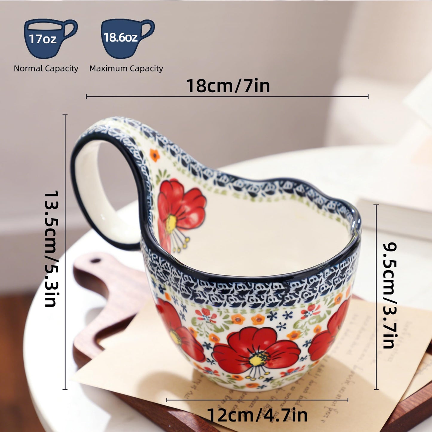 ALMA Handpainted Microwavable Soup Bowl with Loop Handle 18.6oz, Cereal Bowl With Handle Great for Berry, Fruits, Chili, Stew, Ice cream,Floral Soup Mug for Women