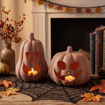 Tioncy 2 Pack Fall Decor Halloween Decorations Terracotta Pumpkin Decoration Handmade Clay Pumpkin Jack-o-Lantern Halloween Tealight Holder Rustic Farmhouse Fall Home Decor for Table(Orange)
