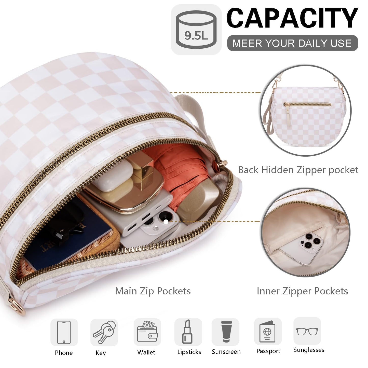 Pure Colour Crossbody Bum Bags for Women Spacious Checkered Cross body Bag Nylon Trendy Fanny Pack for Travel