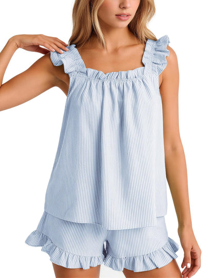 Flygo Striped Pajamas Set for Women Cotton 2 Piece Lounge Sets Ruffle Cami Top and Shorts Cute Summer Pj Sleepwear