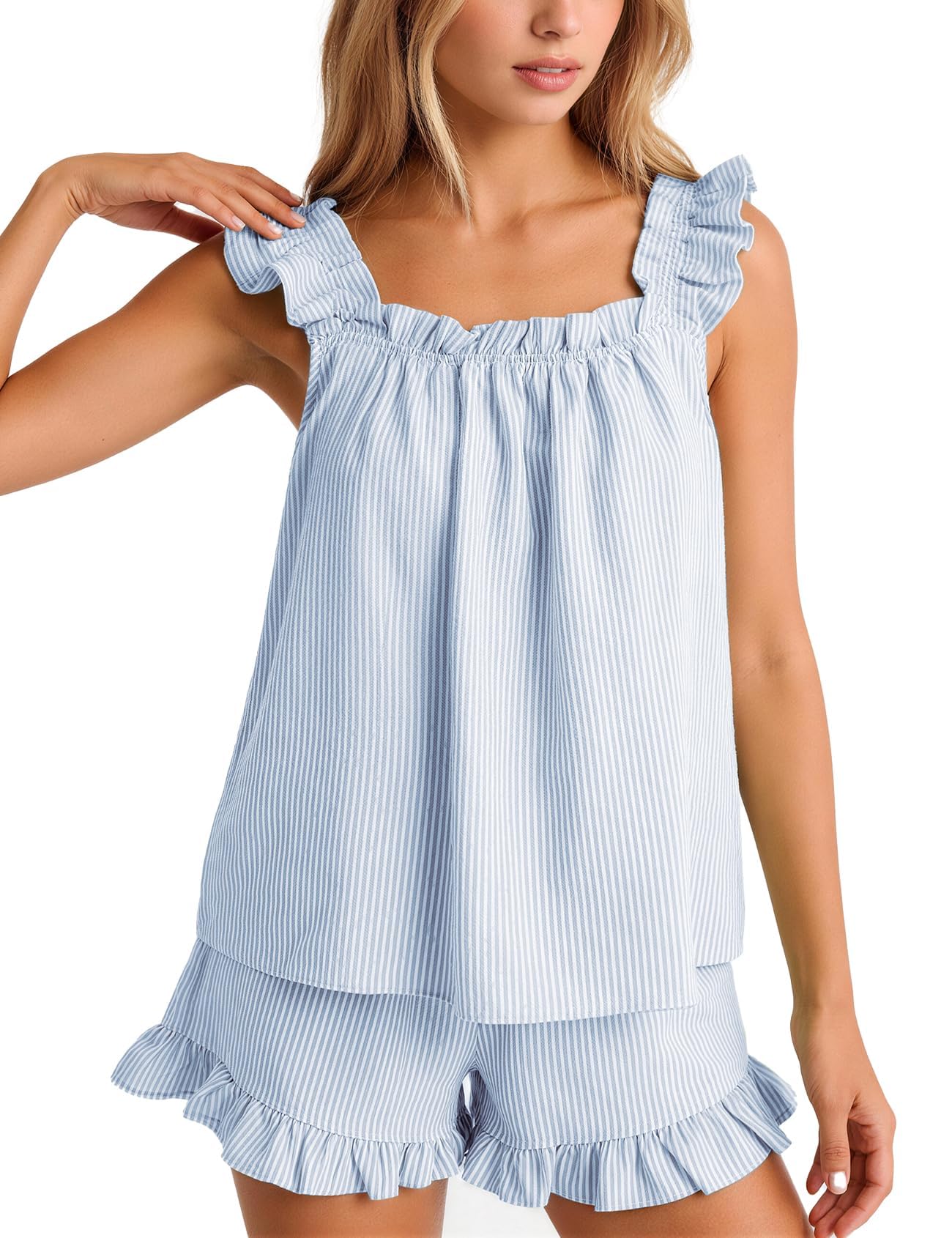 Flygo Striped Pajamas Set for Women Cotton 2 Piece Lounge Sets Ruffle Cami Top and Shorts Cute Summer Pj Sleepwear