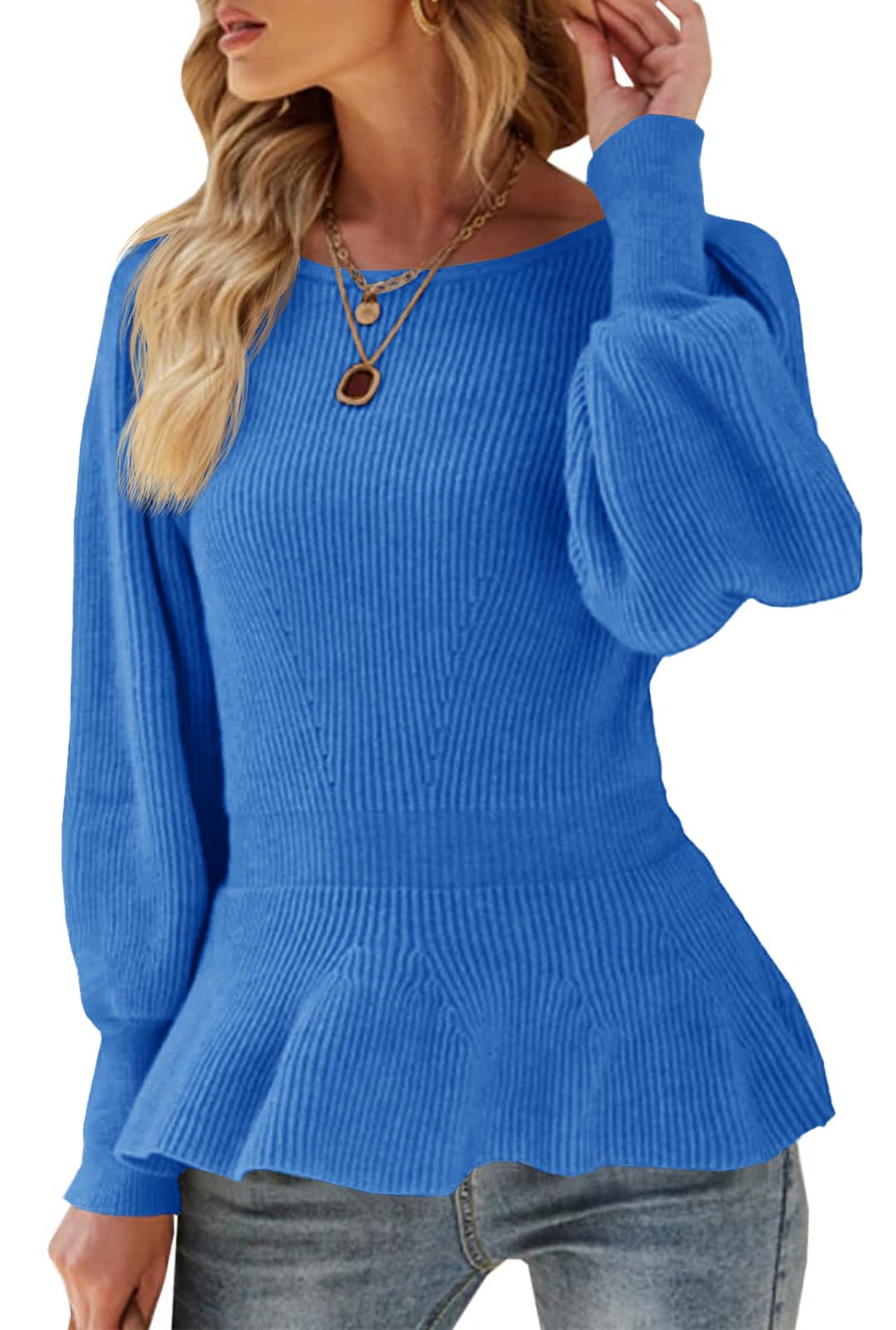 Womens Fall Puff Sleeve Peplum Casual Slim Fit Knit Pullover Sweater
