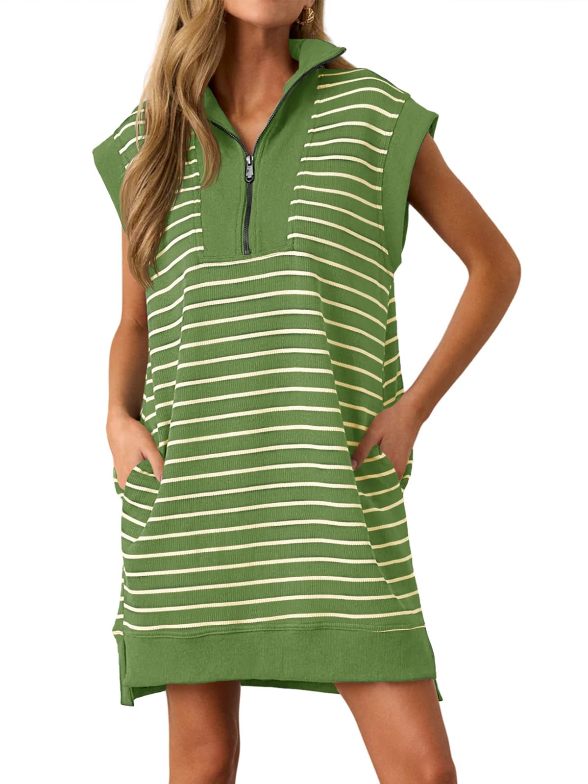 Wenrine Womens Striped Zipper Collar V Neck Loose Knit Summer Mini Dress