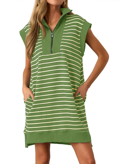 Wenrine Womens Striped Zipper Collar V Neck Loose Knit Summer Mini Dress