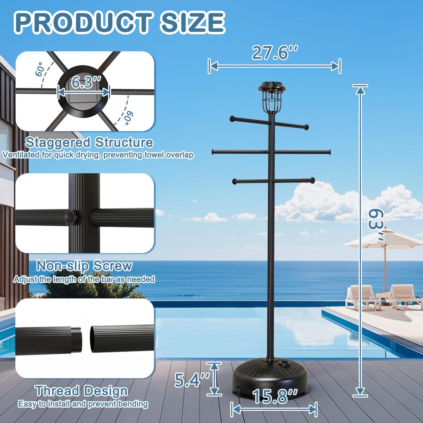 Solar Light Pool Towel Rack with Wheels – 63" Tall Adjustable Outdoor Towel Rack for Patio, Bathroom, Hot Tub