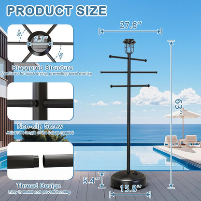 Solar Light Pool Towel Rack with Wheels – 63" Tall Adjustable Outdoor Towel Rack for Patio, Bathroom, Hot Tub