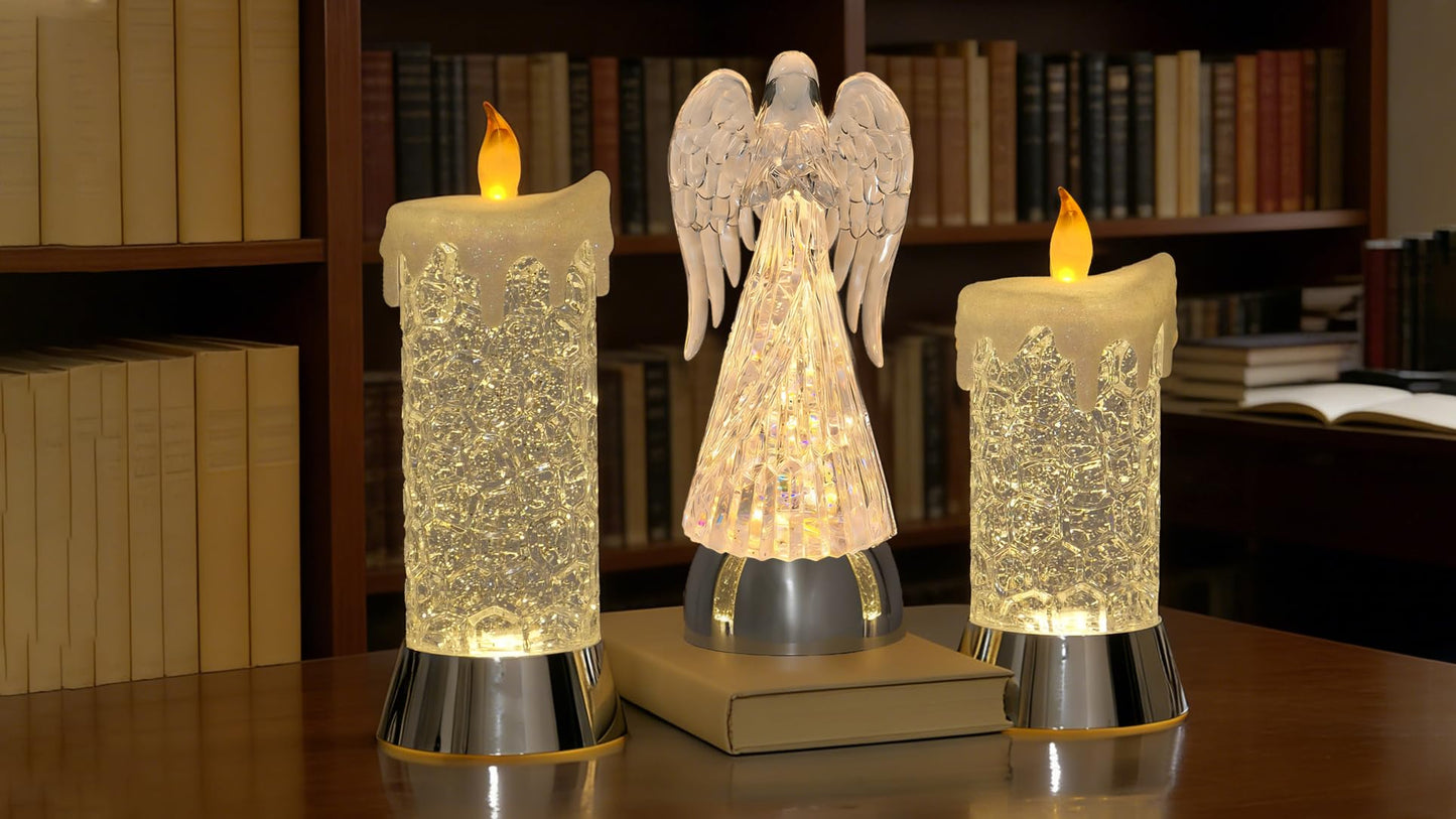 Lighted Acrylic Angel Figurines Swirling Glitter Globe, 6H Timer, Battery & USB Operated Angel Statue Decor Gifts for Mom Grandma Girls Women Birthday Friendship (9.5" Angel Praying Figurine)