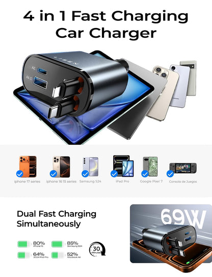LISEN Retractable Car Charger, 84W Car Charger USB C Fast Charger, Cigarette Lighter USB Charger Adapter, Car Accessories Birthday Gifts for Men Women Dad Mom Husband, for iPhone 17 16 15 14 13 12 11