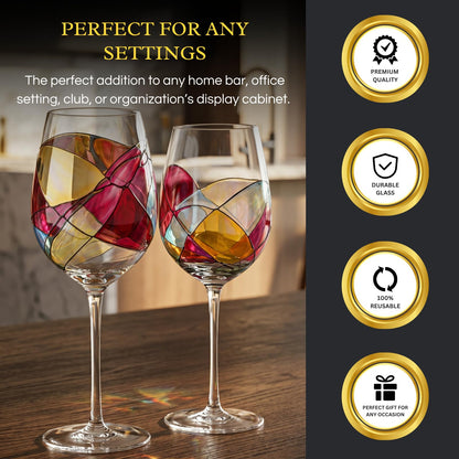 Artisanal Hand Painted Stemless Wine Glasses - Everyday Celebrations, Gift Idea for Wife, Mom, Valentine, Holiday Renaissance Romantic Stain-glassed Windows, 2 Set - Gift Idea Birthday, Housewarming