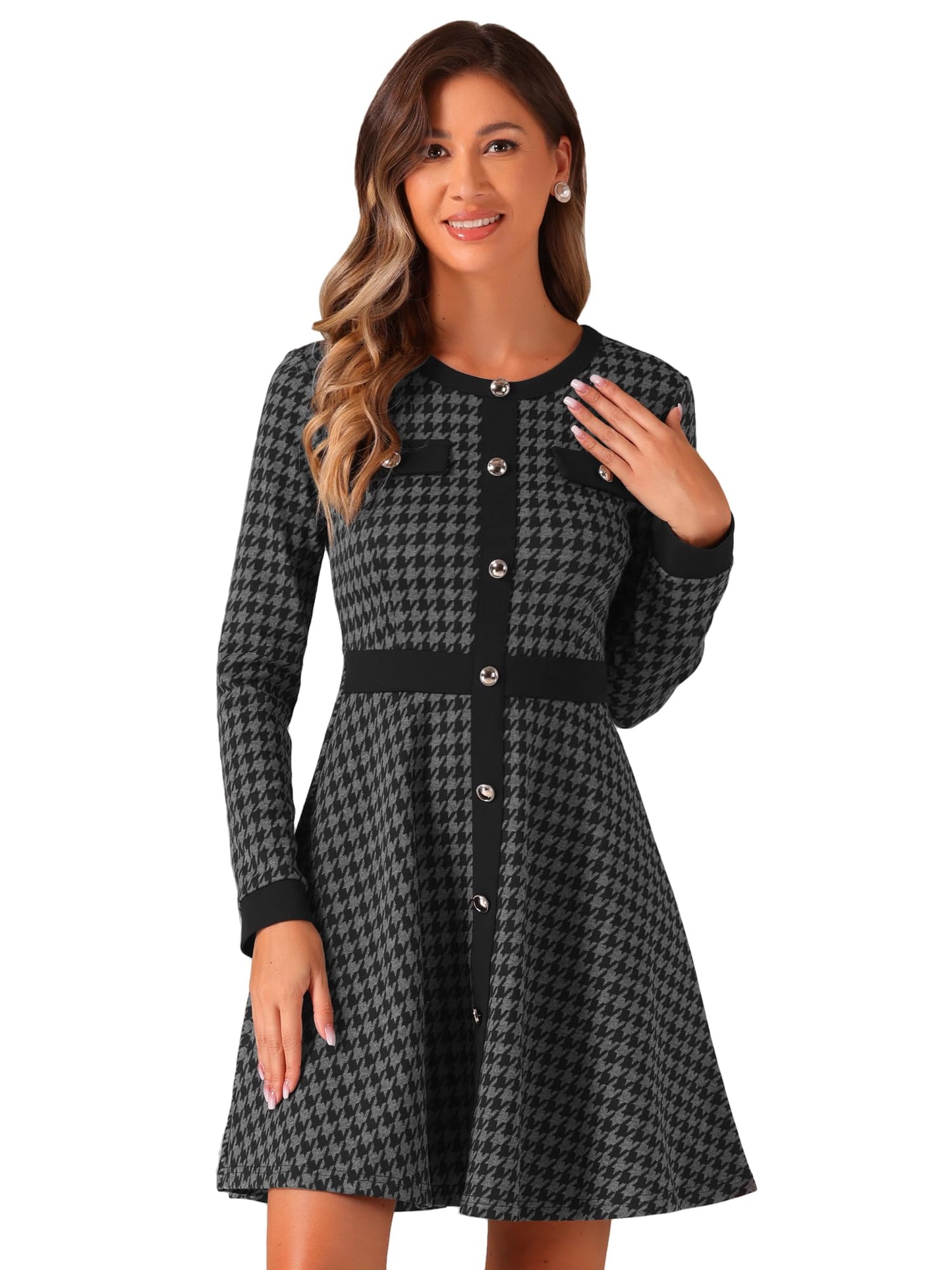 Allegra K Women's Houndstooth Plaid A-Line Elegant Business Work Dress