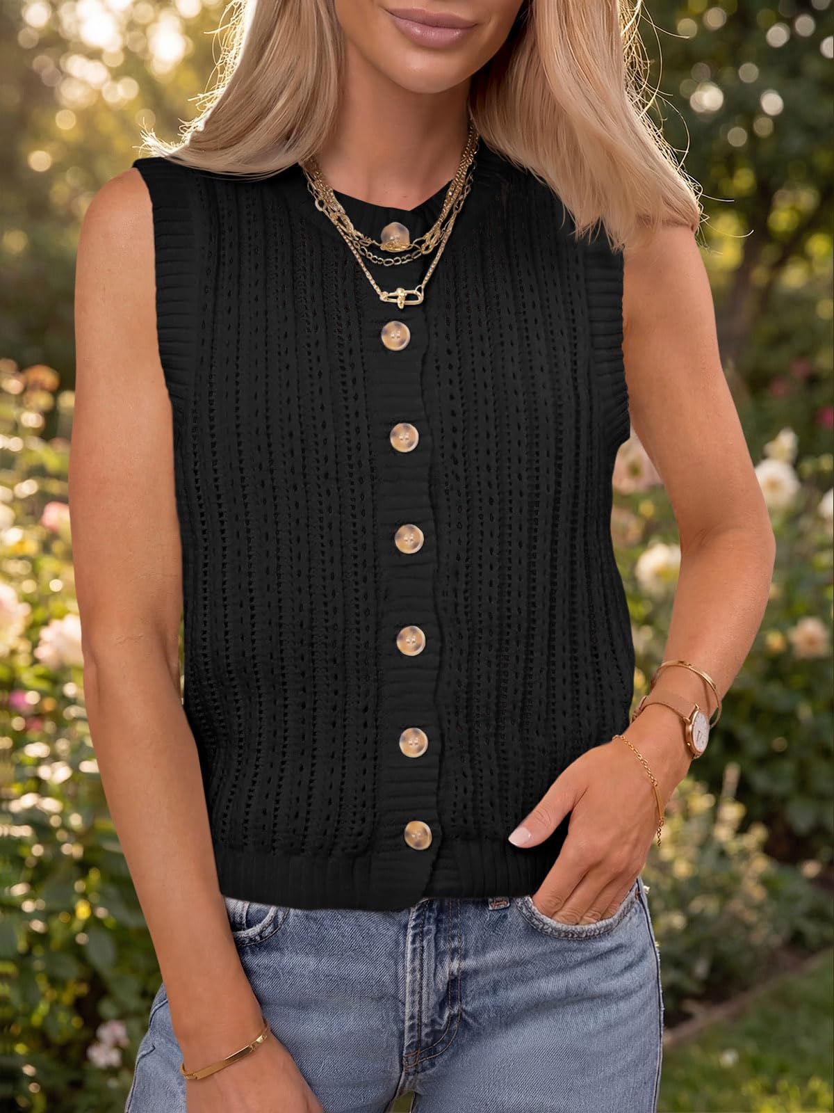 Saodimallsu Womens Sleeveless Sweater Vest Button Down Crochet Cardigan | Sweater Vest,Crochet,Summer Knit Tank Top,Sleeveless,Trendy Going Out Tops