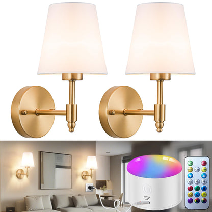YHCDLAMP Battery Operated Wall Sconce Light with Remote Control, Dimmable Wall Sconce Set of 2 with White Fabric Shade, Wireless Battery Operated Wall Lamp for Bedroom Living Room, Bulb Included