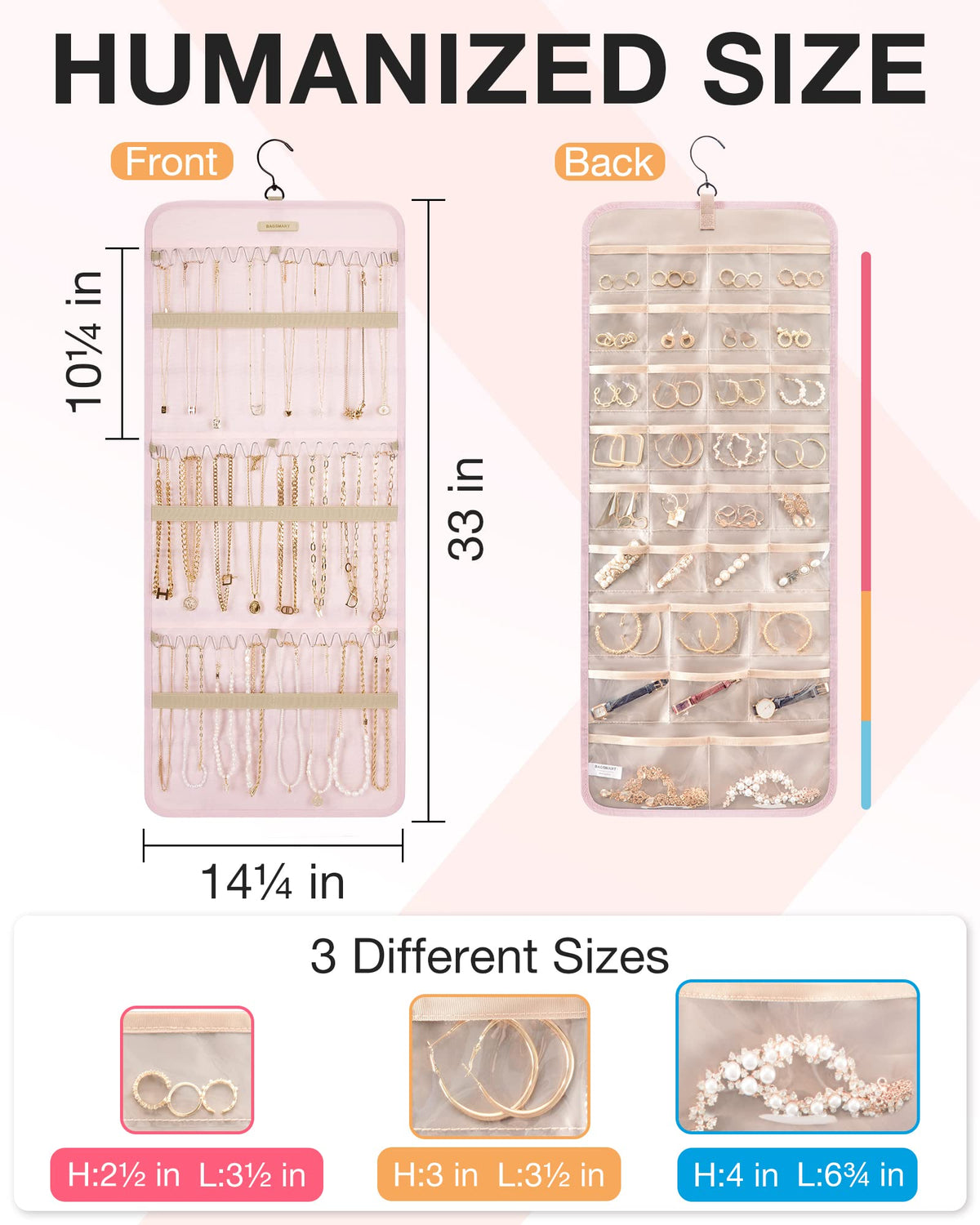 BAGSMART Hanging Jewelry Organizer Storage Roll with Hanger Metal Hooks Double-Sided Jewelry Holder for Earrings, Necklaces, Rings on Closet, Wall, Door, 1 piece, Medium, Pink