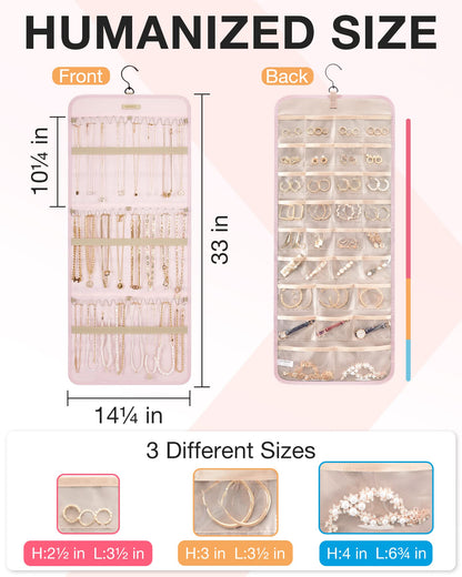 BAGSMART Hanging Jewelry Organizer Storage Roll with Hanger Metal Hooks Double-Sided Jewelry Holder for Earrings, Necklaces, Rings on Closet, Wall, Door, 1 piece, Medium, Pink