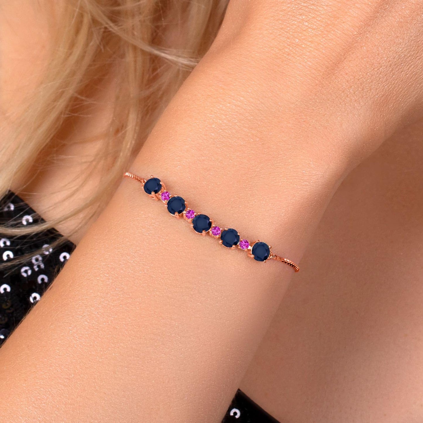 Gem Stone King Gemstone Birthstone and Pink Sapphire Tennis Bracelet 18K Rose Gold Plated Silver | Round 5MM and 2.5MM | Adjustable Bolo Design | Easy-On Easy-Off