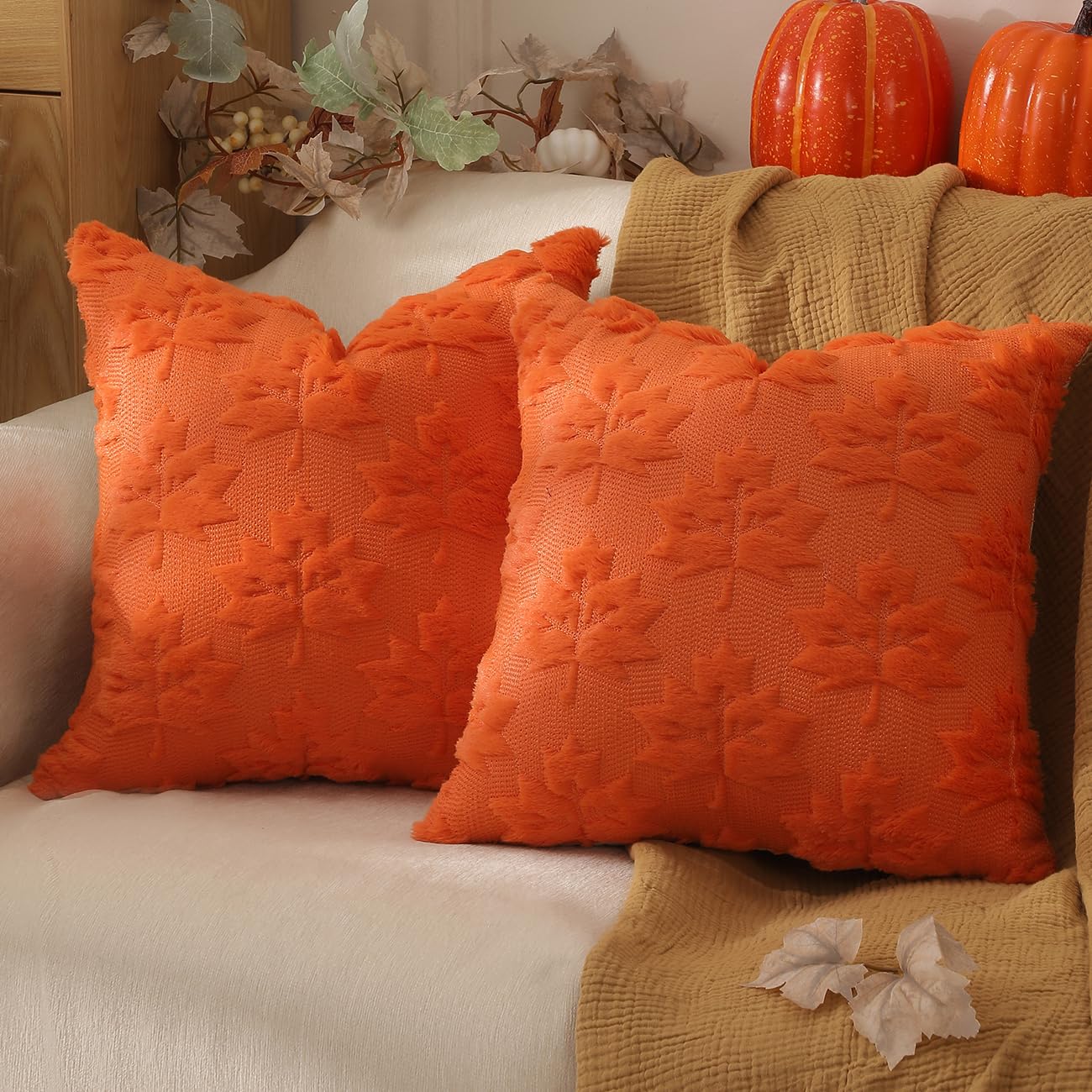 TOYPOPOR Halloween Decorations, 2 Packs Double Sided Ghost Pillow Covers, Soft Fur Throw Pillow Cases Indoor outdoor Pumpkin Couch Cushion Case for Fall Autumn Bedroom Living Room Home Decor 18''x18''
