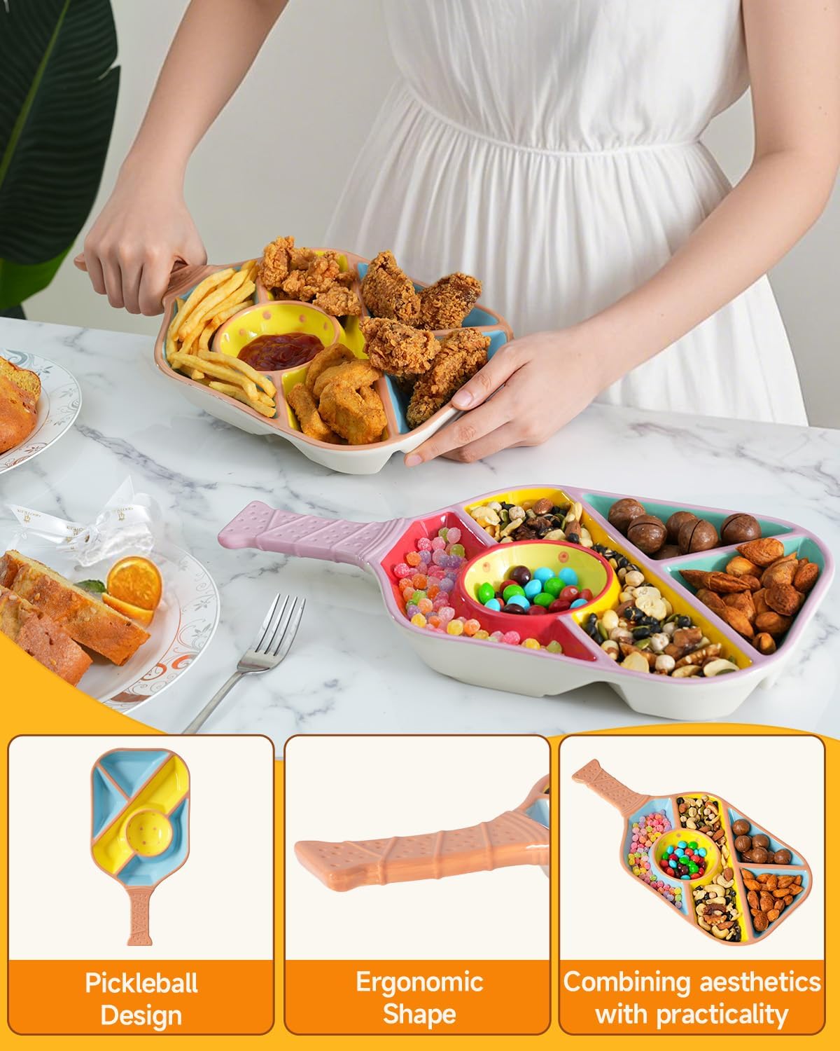 Pickleball Snack Serving Tray - Ceramic Bat Shaped Snack Platter with 5 Compartments & Dip Bowl