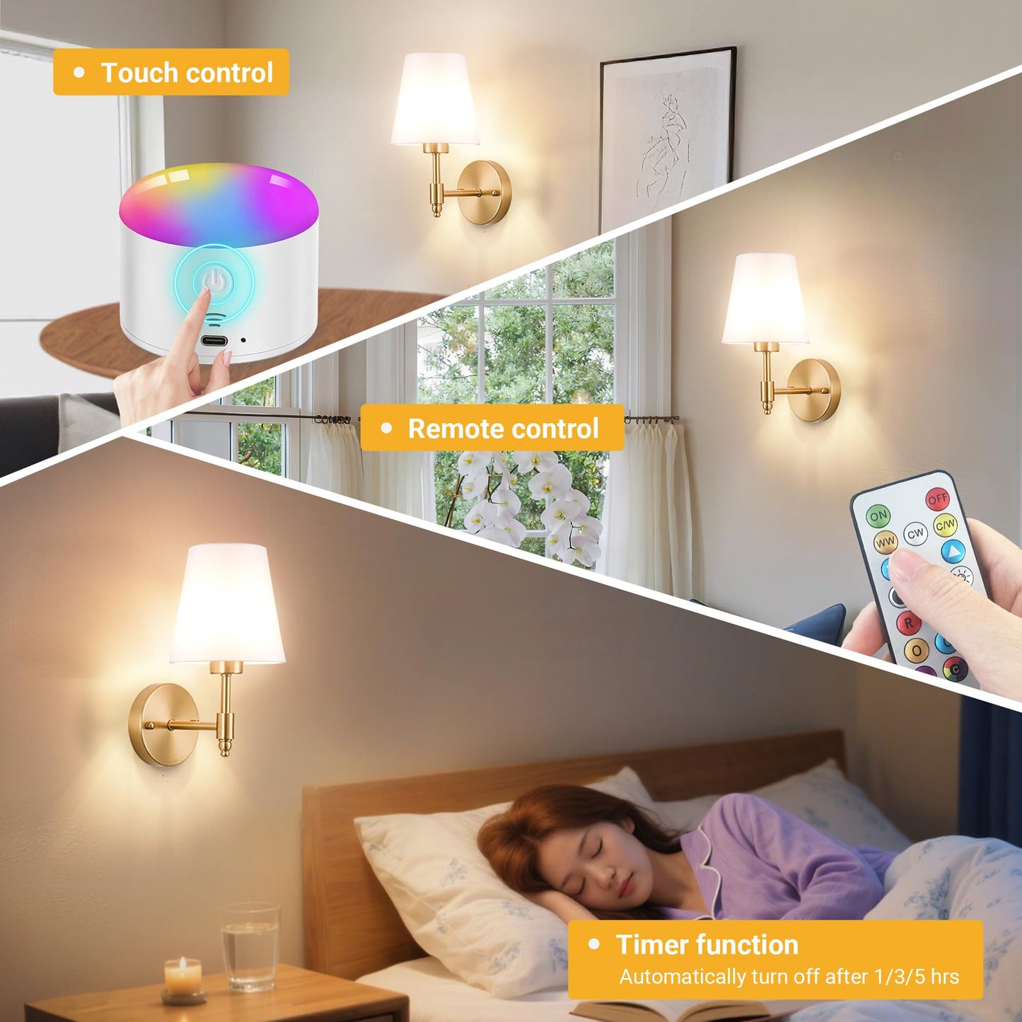 YHCDLAMP Battery Operated Wall Sconce Light with Remote Control, Dimmable Wall Sconce Set of 2 with White Fabric Shade, Wireless Battery Operated Wall Lamp for Bedroom Living Room, Bulb Included