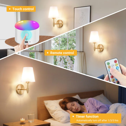 YHCDLAMP Battery Operated Wall Sconce Light with Remote Control, Dimmable Wall Sconce Set of 2 with White Fabric Shade, Wireless Battery Operated Wall Lamp for Bedroom Living Room, Bulb Included