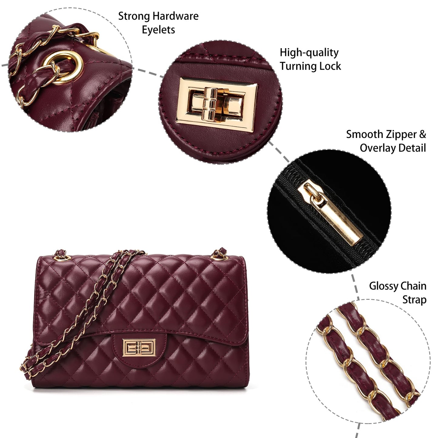 Quilted Leather Crossbody Bags for Women Trendy Ladies Shoulder Purse Satchel HandBag with Chain Strap