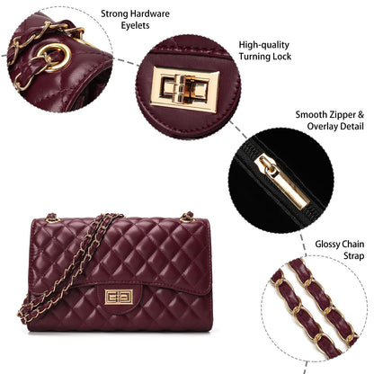 Quilted Leather Crossbody Bags for Women Trendy Ladies Shoulder Purse Satchel HandBag with Chain Strap