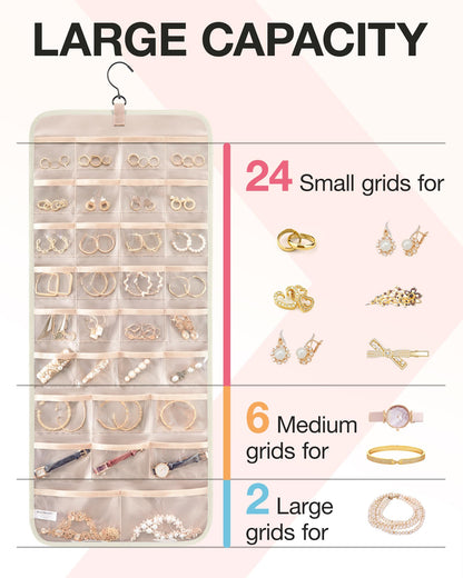 BAGSMART Hanging Jewelry Organizer Storage Roll with Hanger Metal Hooks Double-Sided Jewelry Holder for Earrings, Necklaces, Rings on Closet, Wall, Door, 1 piece, Medium, Pink