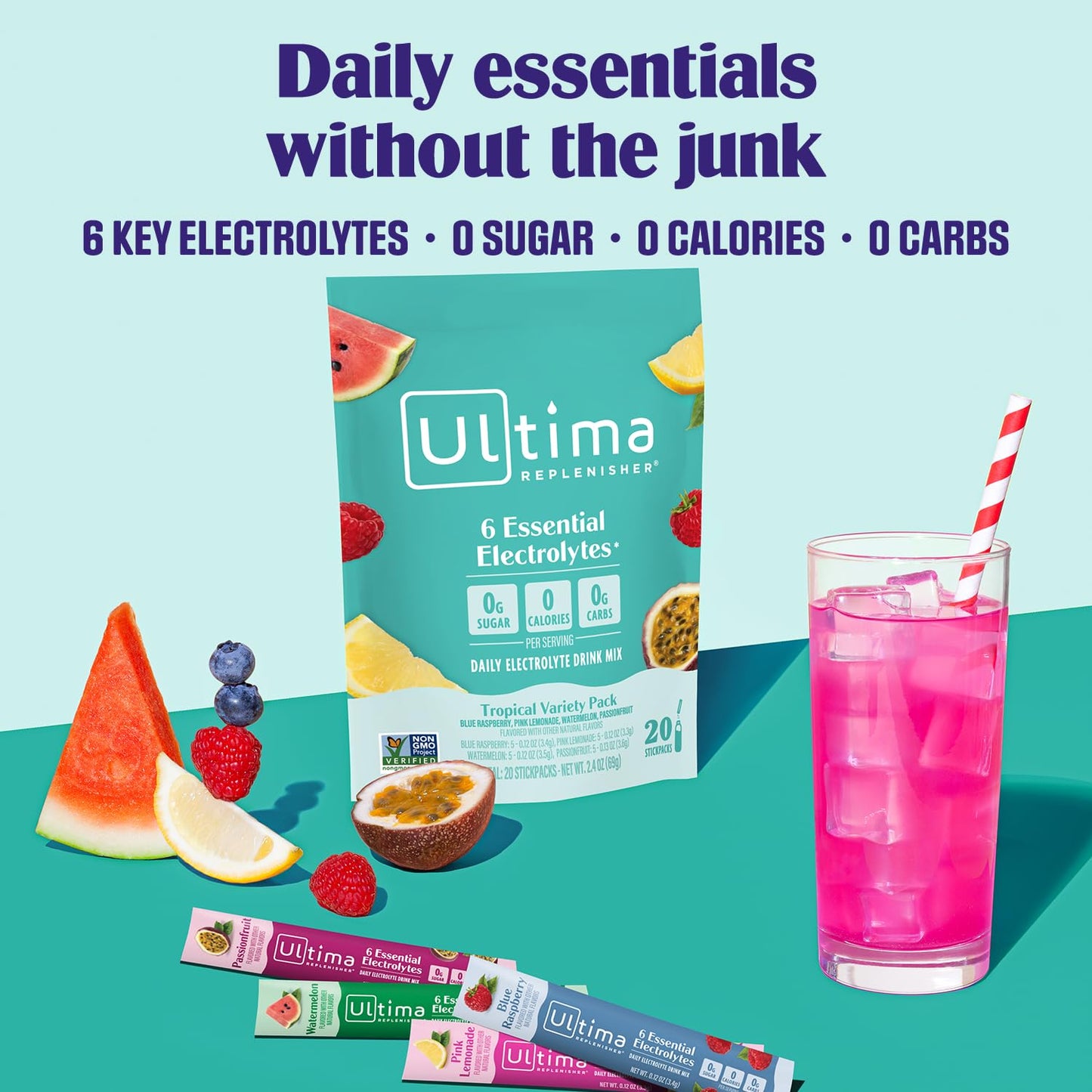 Ultima Replenisher Electrolyte Hydration Powder, Grape, 20 Count Stickpacks Pouch - Sugar Free, 0 Calories, 0 Carbs - Gluten-Free, Keto, Non-GMO with Magnesium, Potassium
