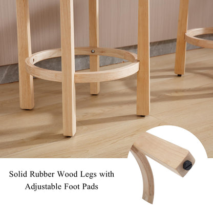 LukeAlon Mid Century Linen Counter Stools Set of 4, Upholstered 26.5” Seat Height Low Barstools with Natural Wood Legs Round Low Back Kitchen Stools with Footrest for Dining Room, Beige