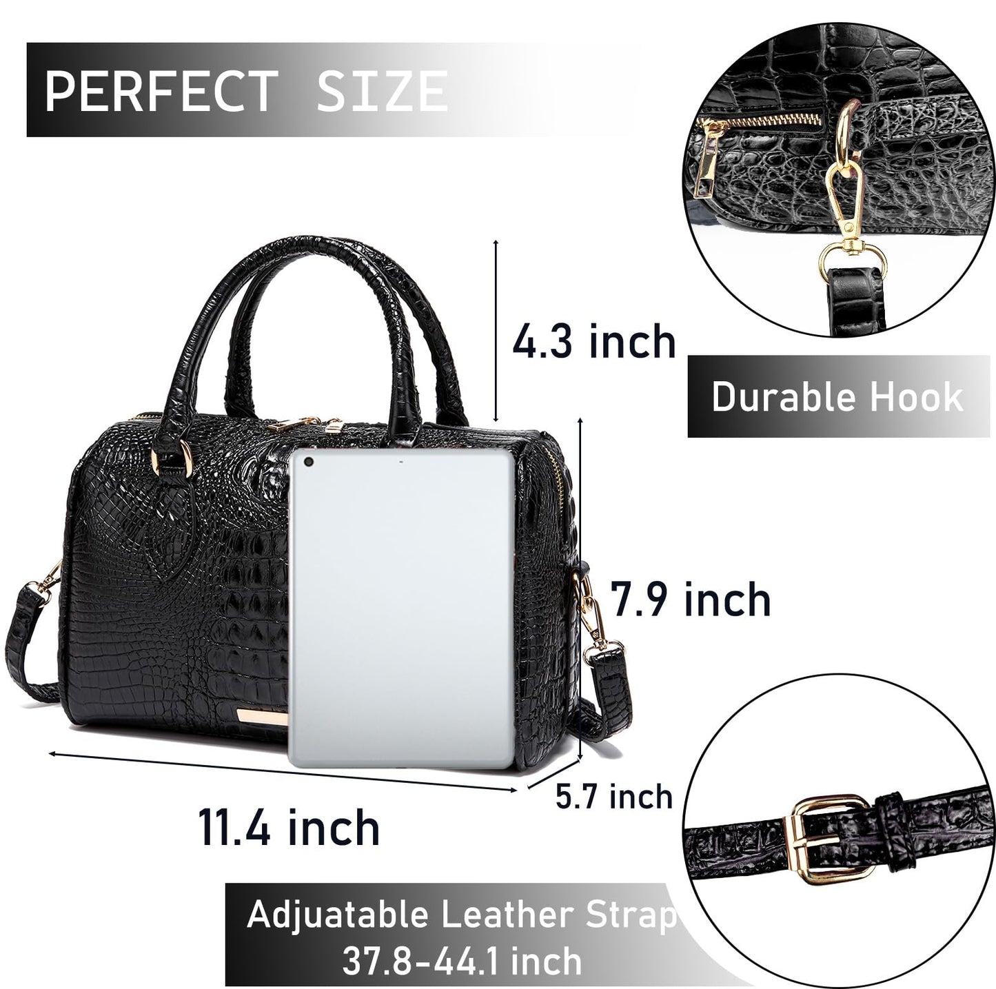 Makcr Joacbv Crocodile Handbag for Women Top Handle Leather Shoulder Purse | Glossy crocodile-embossed vegan leather with rolled handles, buckle details, a structured dome shape, and adjustable strap.