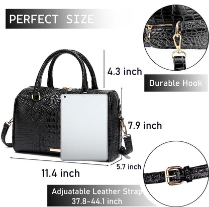 Makcr Joacbv Crocodile Handbag for Women Top Handle Leather Shoulder Purse | Glossy crocodile-embossed vegan leather with rolled handles, buckle details, a structured dome shape, and adjustable strap.