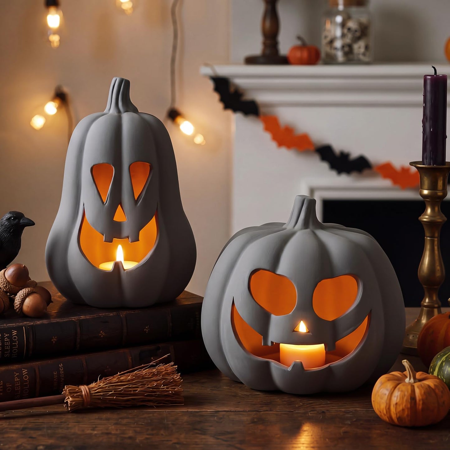 Tioncy 2 Pack Fall Decor Halloween Decorations Terracotta Pumpkin Decoration Handmade Clay Pumpkin Jack-o-Lantern Halloween Tealight Holder Rustic Farmhouse Fall Home Decor for Table(Orange)