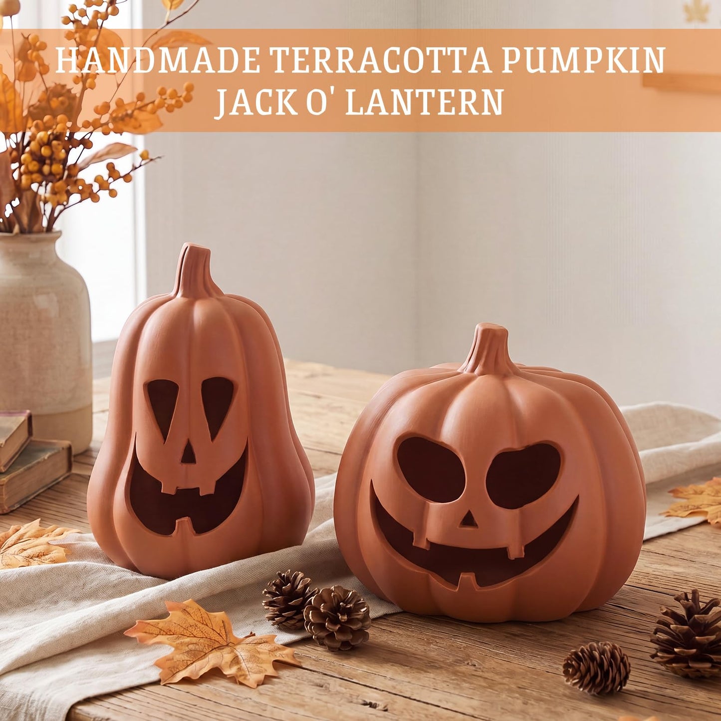 Tioncy 2 Pack Fall Decor Halloween Decorations Terracotta Pumpkin Decoration Handmade Clay Pumpkin Jack-o-Lantern Halloween Tealight Holder Rustic Farmhouse Fall Home Decor for Table(Orange)