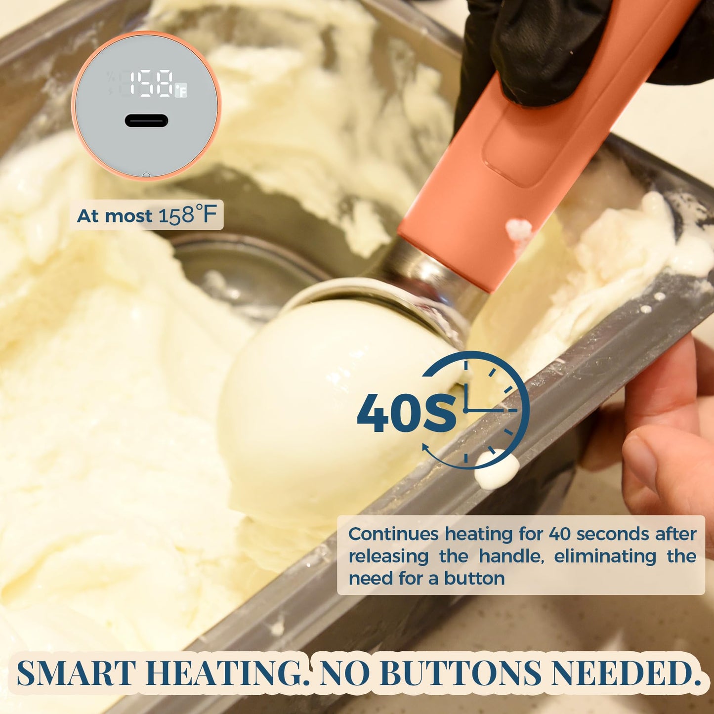Heated Ice Cream Scoop Rechargeable, Electric Warming Ice Cream Scooper with LED Display, Heats to 158°F for Hard Ice Cream, Easy for Seniors & Kids, IP67 Waterproof (White, 2 oz)