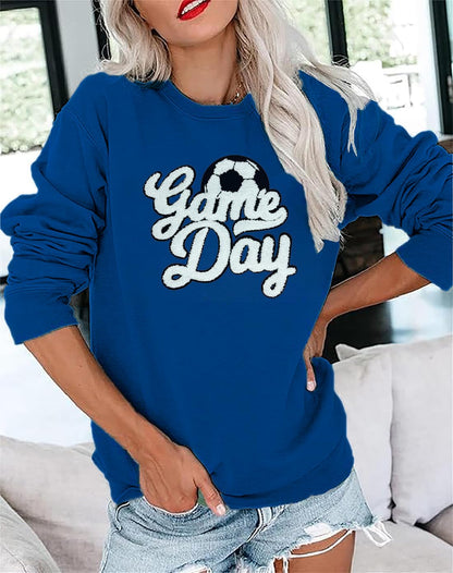 Game Day Soccer Sweatshirt Women Soccer Season Chenille Patch Pullover Top Causal Long Sleeve Football Top